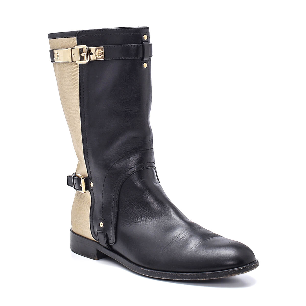 Christian Dior - Black Leather & Beige Canvas Colorblock Double Buckle Boots